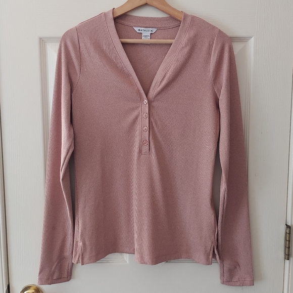 Athleta Tops - Athleta Palermo Pink Stretch Uptempo Ribbed Henley Top Shirt Size Small